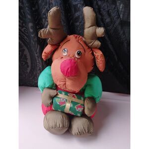 1993 TL Toys Nylon Reindeer holding present 17" Plush Vintage Christmas Decor